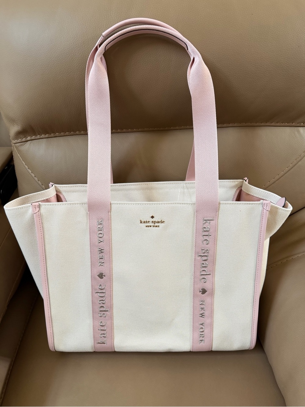 kate spade Cream and Light Pink Canvas Tote
